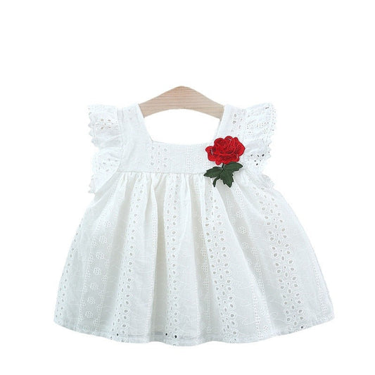 Summer Hot Selling Baby Kids Girls Hollow Out Flowers Pattern Fly Sleeves Square Neck Princess Dress-1
