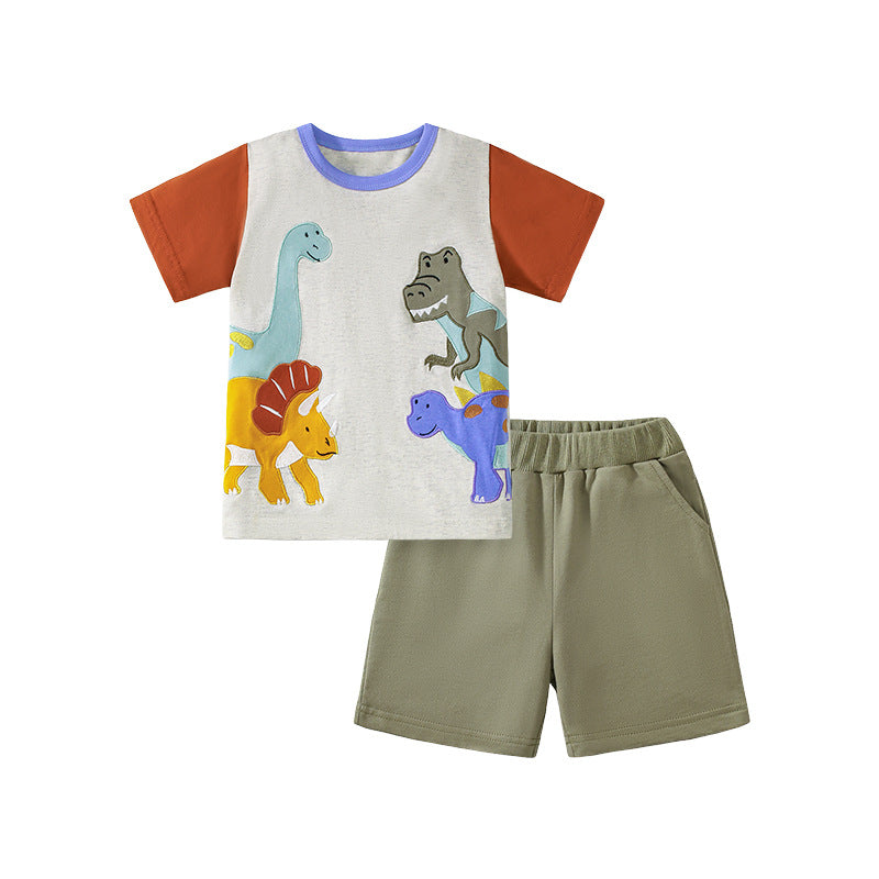 Summer Baby Kids Dinosaurs Cartoon Pattern T-shirt and Shorts Clothing Set-4