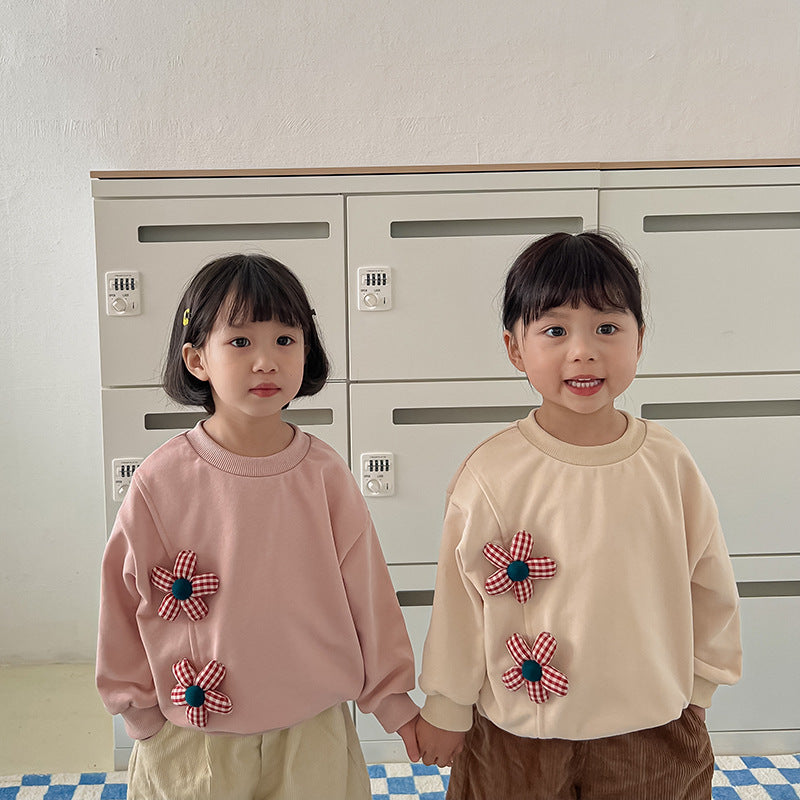 Autumn New Design Kids Girls Crew Neck Long Sleeves 3D Flowers Pattern Attached Top Pullover Shirt-4