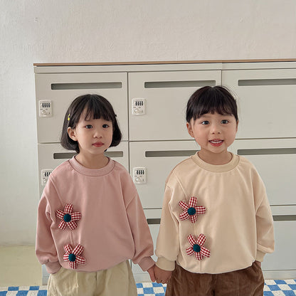 Autumn New Design Kids Girls Crew Neck Long Sleeves 3D Flowers Pattern Attached Top Pullover Shirt-4