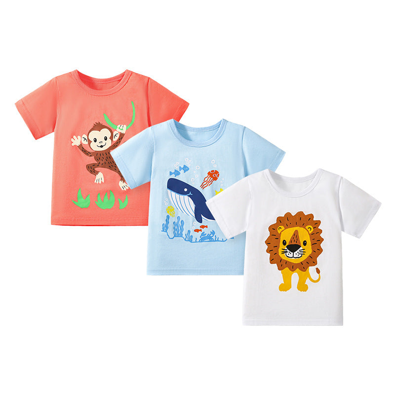 Kids’ Animals Cartoon Pattern Short Sleeves T-shirt in European and American Style for Summer-0