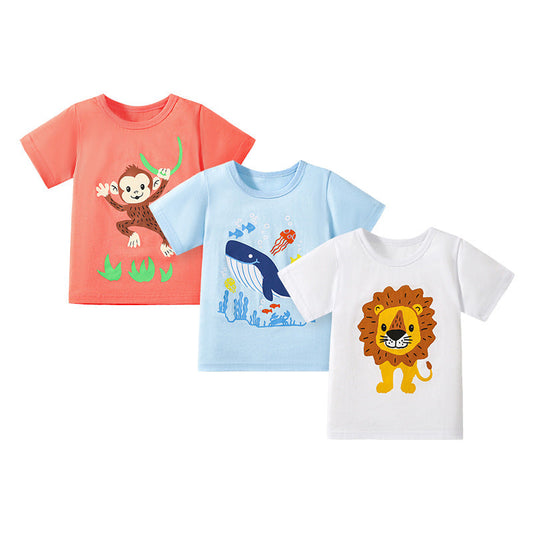 Kids’ Animals Cartoon Pattern Short Sleeves T-shirt in European and American Style for Summer-0
