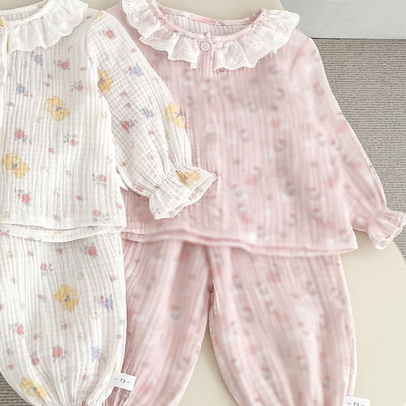 Spring and Autumn Baby Kids Girls Simple Pattern Long Sleeves Top and Pants Pajamas Clothing Set-3