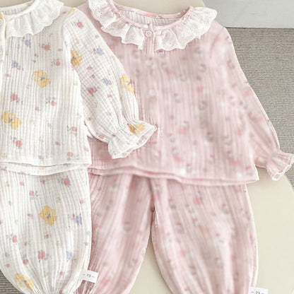 Spring and Autumn Baby Kids Girls Simple Pattern Long Sleeves Top and Pants Pajamas Clothing Set-3