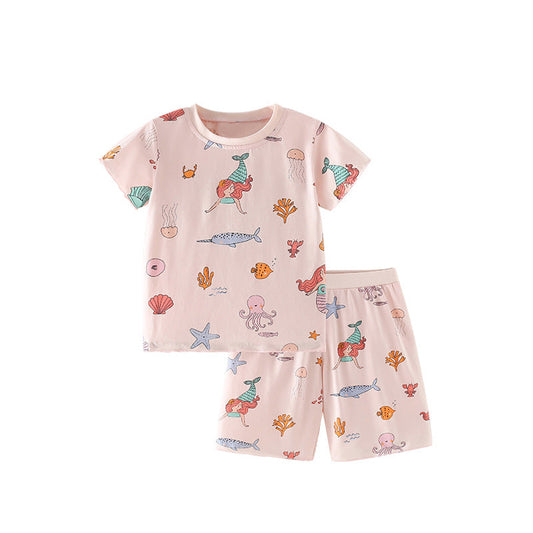Summer Baby Kids Marine Mermaid and Animals Pattern T-shirt and Shorts Clothing Set for Girls-0