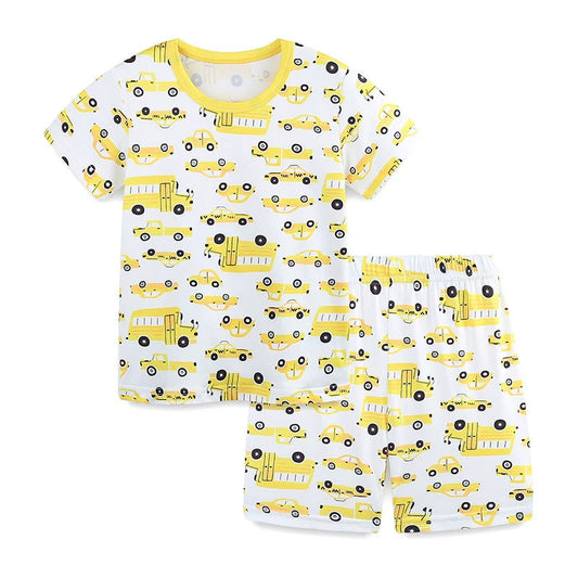 Summer Baby Kids Cartoon School Bus and Taxi Pattern T-shirt and Shorts Clothing Set for Boys-0