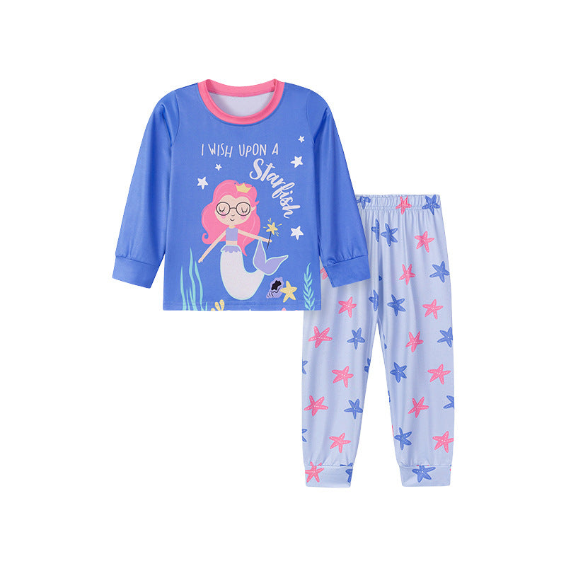 Spring and Autumn Baby Kids Girls Marine Cartoon Pattern Long Sleeves Top and Pants Casual Pajamas Clothing Set-4