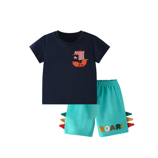 Summer Baby Kids Pirate Cartoon Pattern T-shirt and Shorts Clothing Set for Boys-0