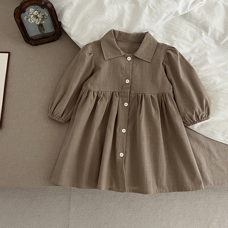 Arrival Autumn Baby Kids Girls Long Sleeves Solid Color Single Breasted Turn-down Collar Dress-0