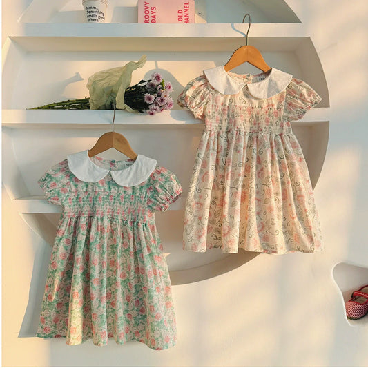 Summer Baby Kids Girls Short Sleeves Flowers Pattern Printed Dress-0