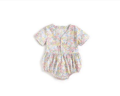 Baby Girls Floral Print V-Neck Buttoned Design Short-Sleeved Onesies-4