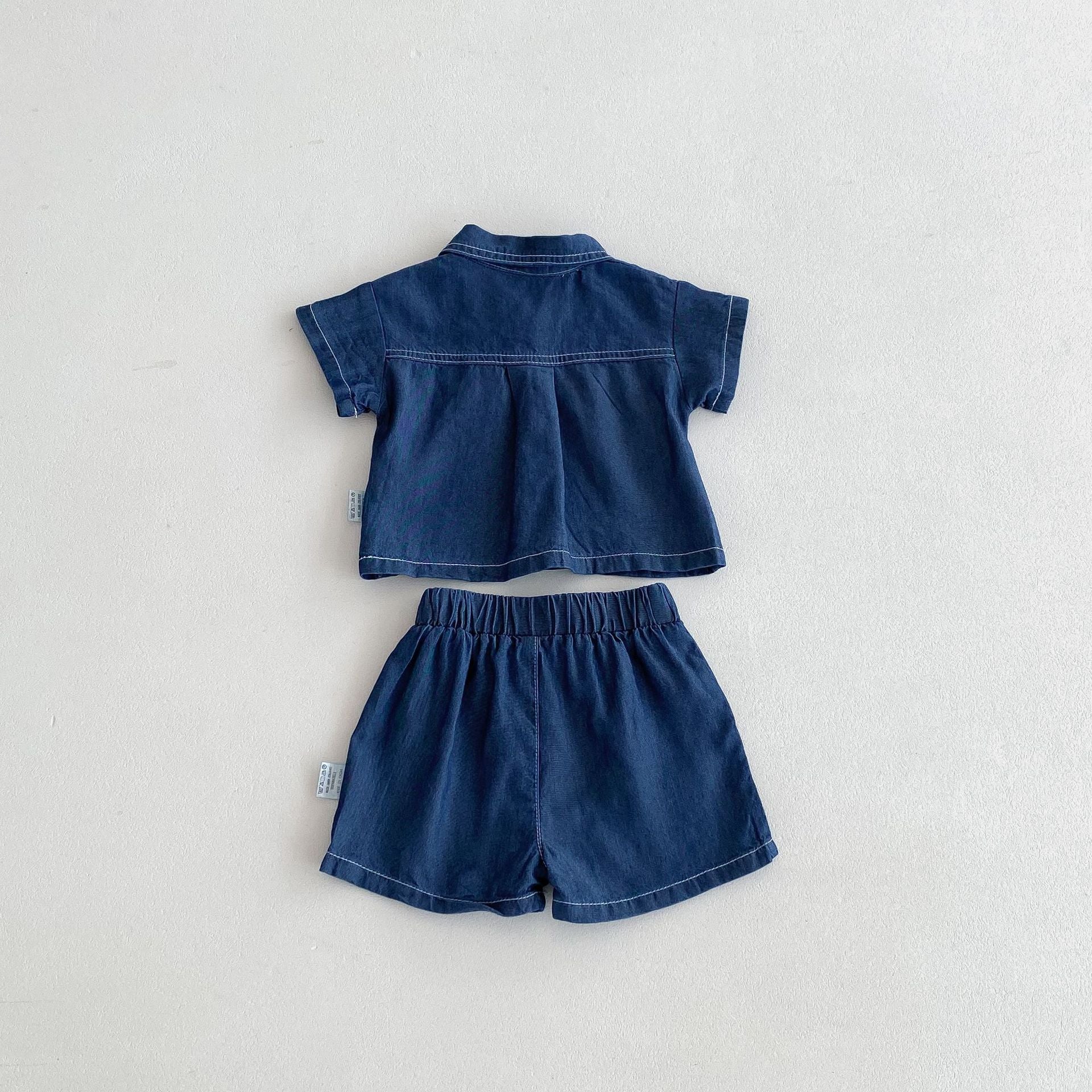 Summer Hot Selling Baby Kids Boys Short Sleeves Denim Single Breasted Top and Shorts Clothing Set-2