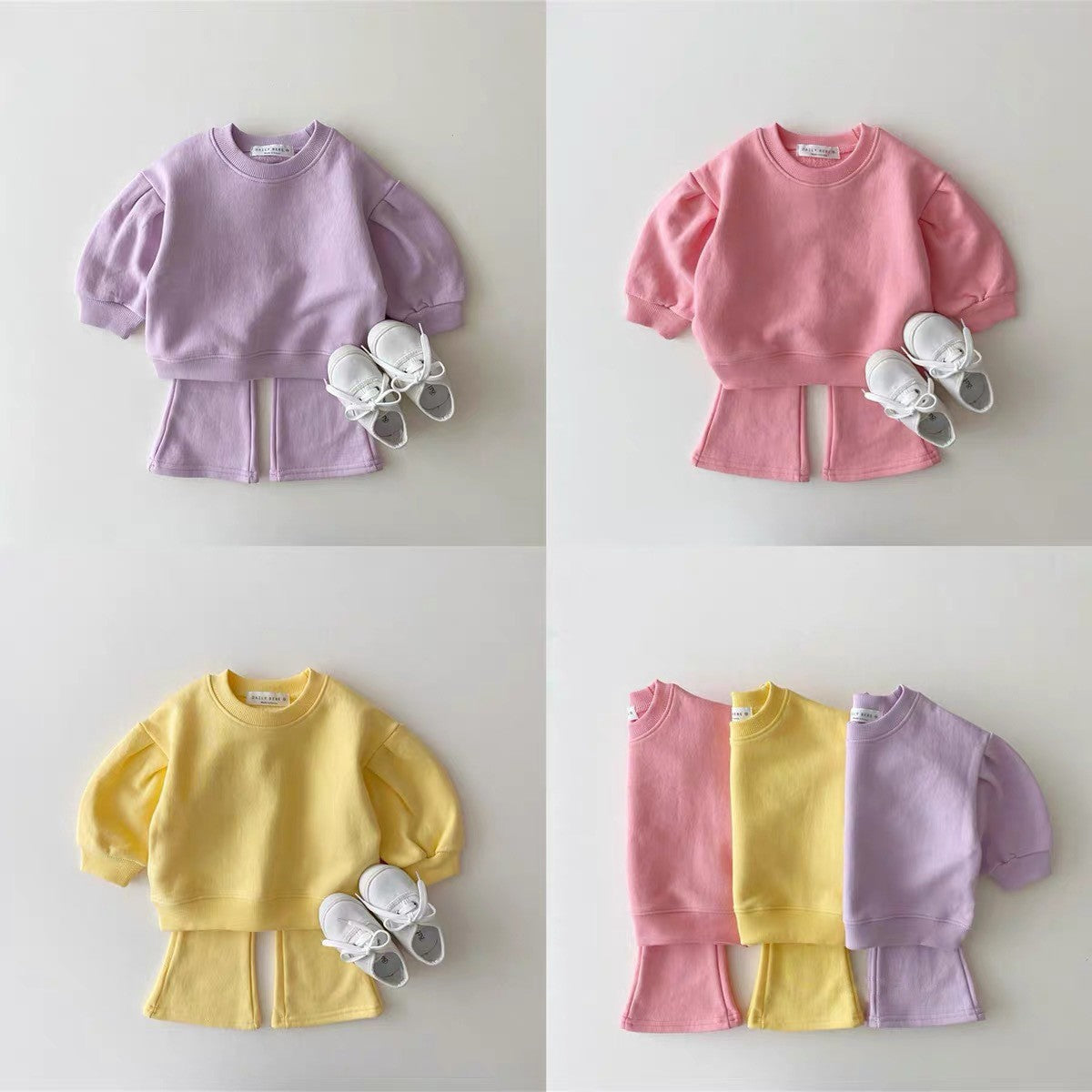 Autumn Baby Kids Unisex Casual Solid Color Long Sleeves Pullover and Flared Pants Clothing Set-0