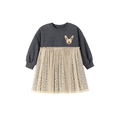 Autumn and Spring Arrival Princess Animals Pattern Long Sleeves Tulle Decorated Dress for Stylish Girls-4