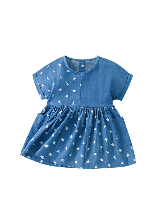Summer New Arrival Girls’ Stars Pattern Patchwork Short Sleeves Crew Neck Dress-0