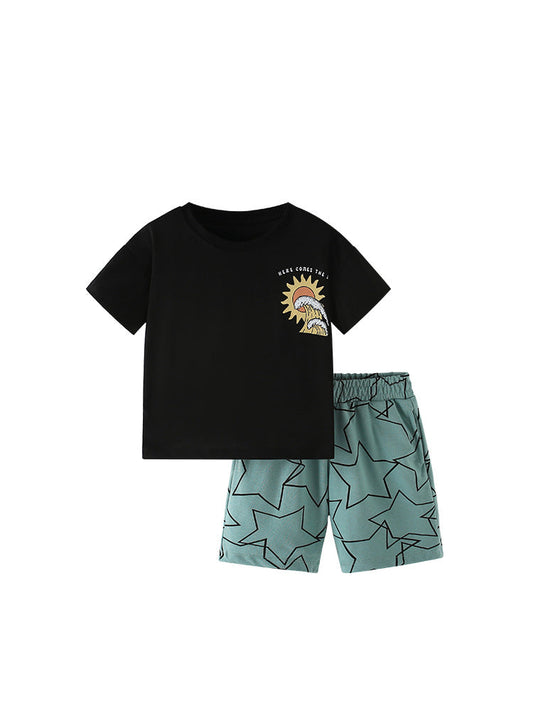 Summer Baby Kids Sun and Stars Pattern T-shirt and Shorts Clothing Set for Boys-0