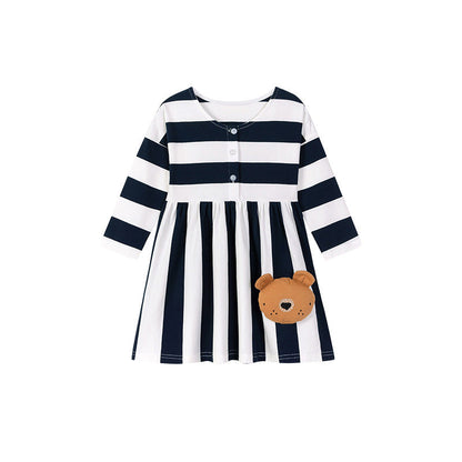 Autumn and Spring Arrival Teddy and Striped Pattern Long Sleeves Dress for Stylish Girls-4