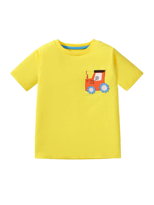 Kids’ Tractors Cartoon Pattern Short Sleeves T-shirt in European and American Style for Summer-0