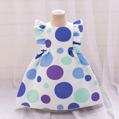 Summer Baby Kids Girls Fly Sleeves Crew Neck Fashion Polka Dots Dress-3