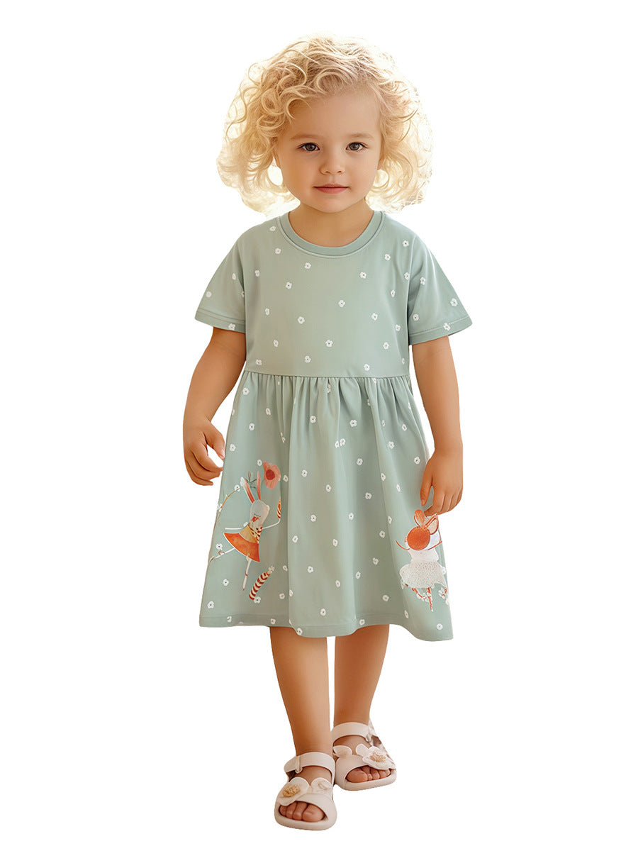 Summer Cartoon Short-sleeved Dress with Crew Neck for Stylish Girls-4
