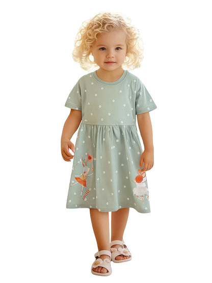 Summer Cartoon Short-sleeved Dress with Crew Neck for Stylish Girls-4