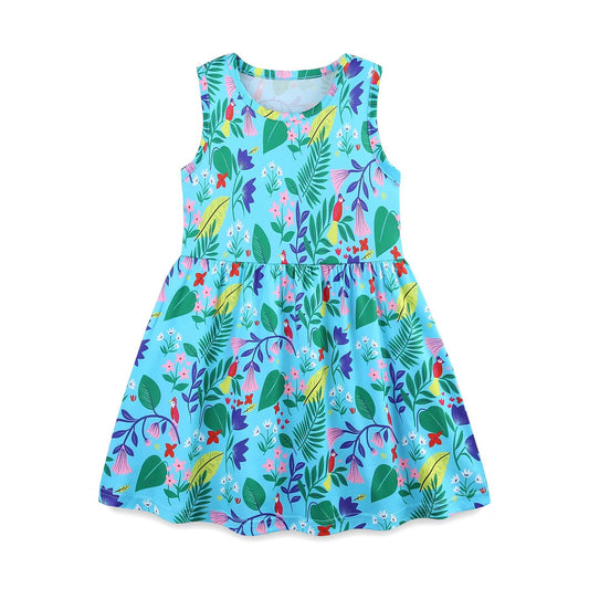 Summer Arrival Leaves and Animals Pattern Sleeveless Dress for Stylish Girls-1