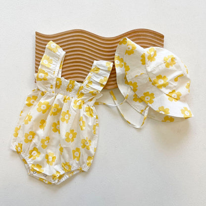Baby Girl Floral Print Ruffle Design Sleeveless Crotch Onesies Bodysuit-4