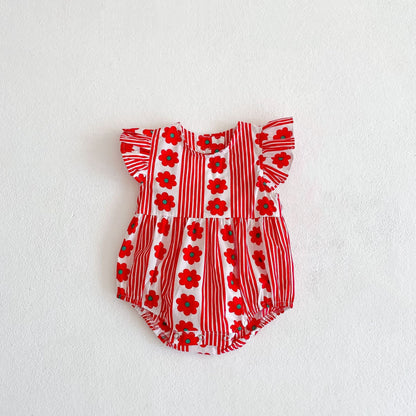 Design Summer Girls Flowers And Striped Pattern Fly Sleeves Onesies And Dress – Sister Matching Clothing Set-1