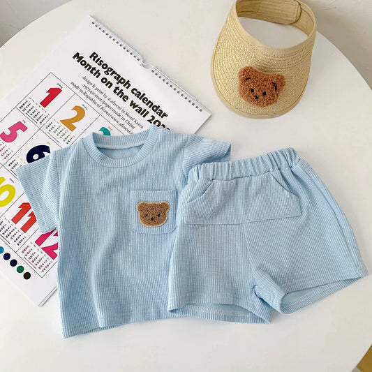 Summer Hot Selling Baby Kids Unisex Short Sleeves Crew Neck Top Shirt with Teddy Pattern and Shorts Clothing Set-1