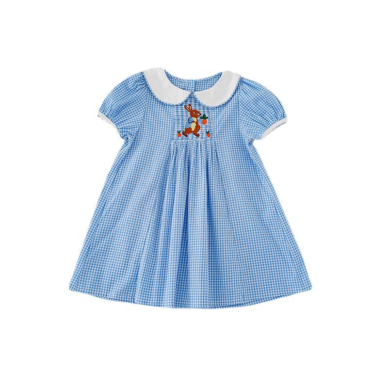 Summer Baby Kids Girls Short Sleeves Rabbit Embroidery Plaid Dress-4