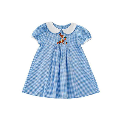 Summer Baby Kids Girls Short Sleeves Rabbit Embroidery Plaid Dress-4