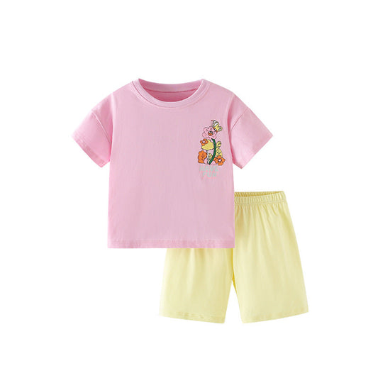 Summer Baby Kids Flowers and Letters Pattern T-shirt and Shorts Clothing Set for Girls-0