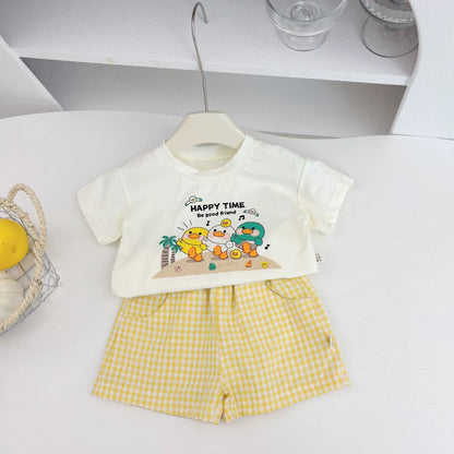 Summer Hot Selling Baby Kids Unisex Short Sleeves Cartoon Printed T-shirt and Plaid Shorts Clothing Set-6