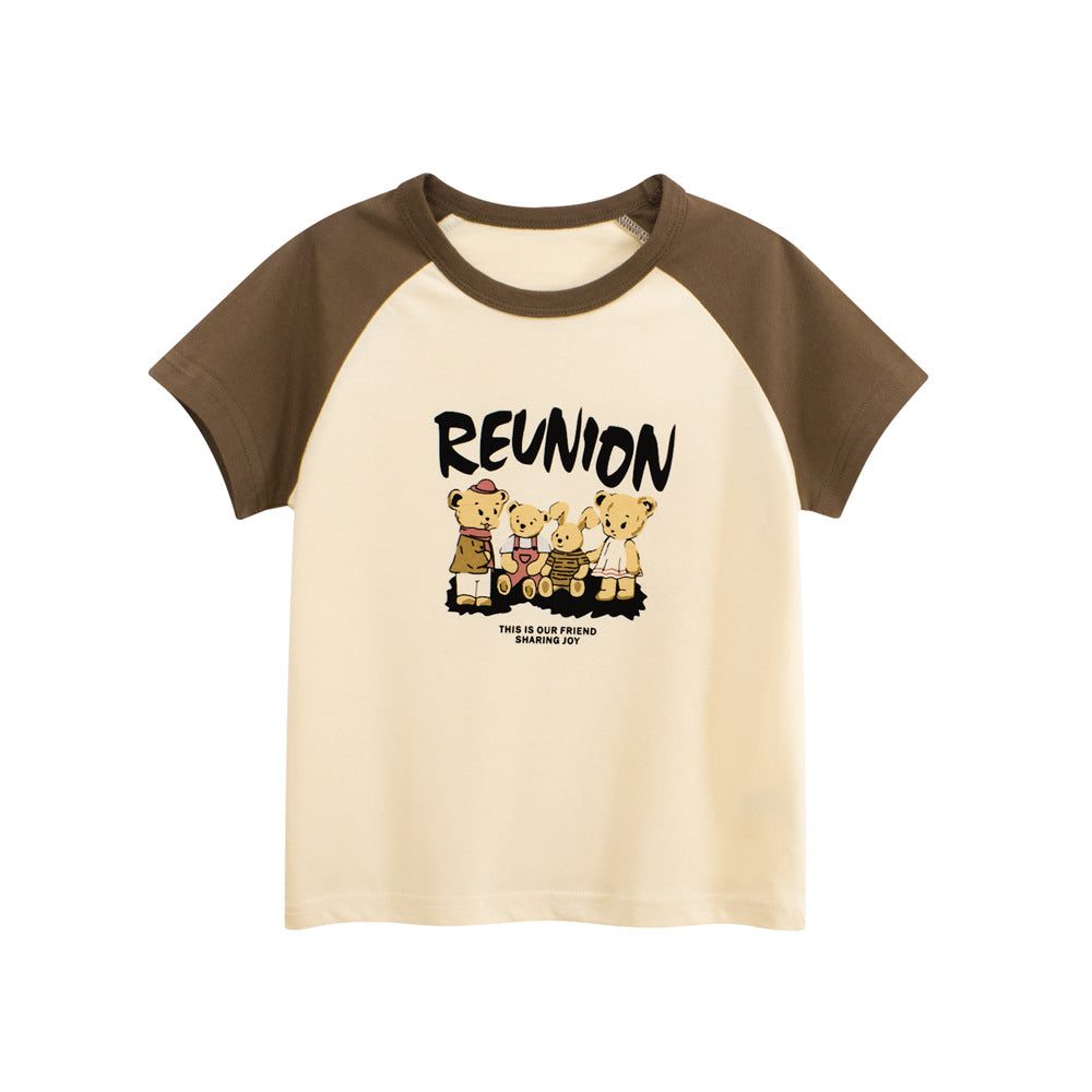 Summer Kids’ Teddy Cartoon and Letters Print T-shirt in European and American Style-0