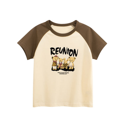 Summer Kids’ Teddy Cartoon and Letters Print T-shirt in European and American Style-0