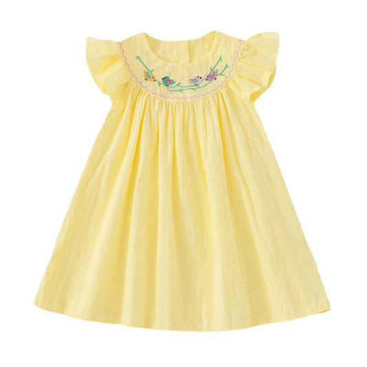 Summer Baby Kids Girls Sleeveless Birds Embroidery Yellow Dress-1