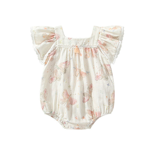 Summer Arrival Fly Sleeves Butterfly Pattern Square Neck Onesies for Stylish Girls