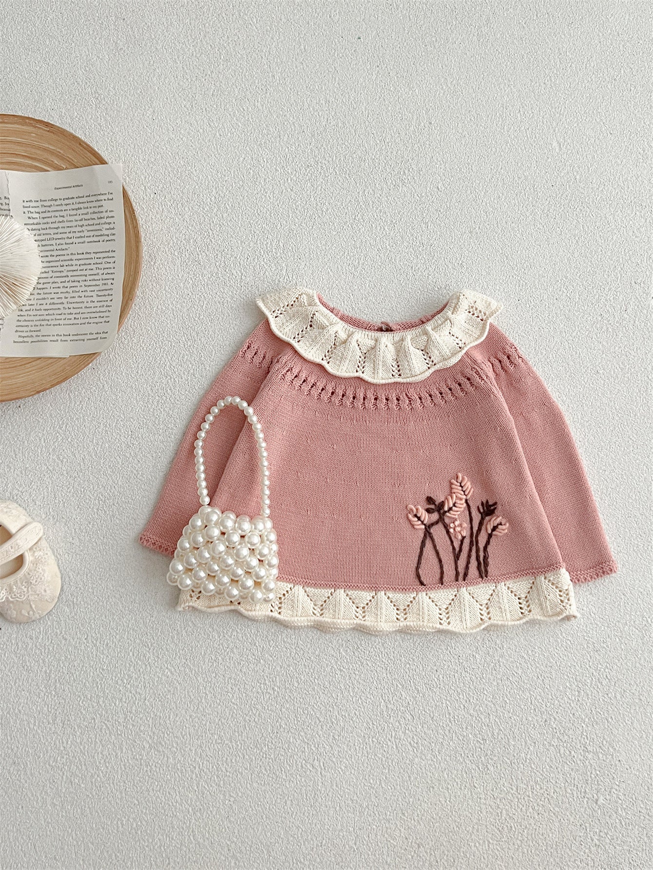 Autumn New Arrival Baby Kids Girls Comfortable Hollow-out Design Knitted Long Sleeves Top with Flowers Embroidery Pattern and Collar-4