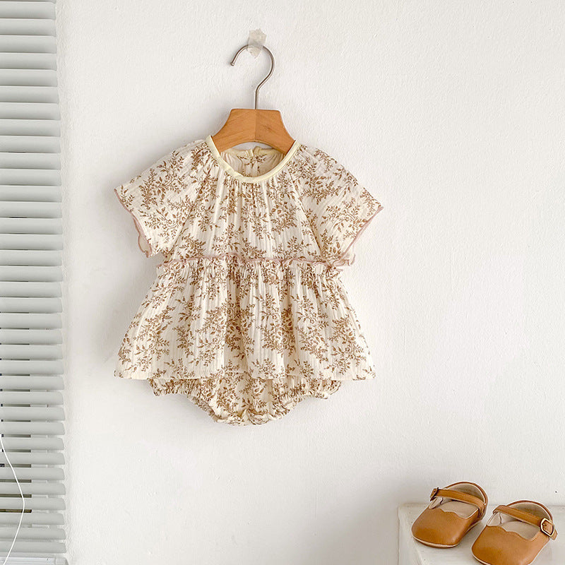 Summer Arrival Thin Floral Pattern Short Sleeves Crew Neck Onesies for Stylish Girls