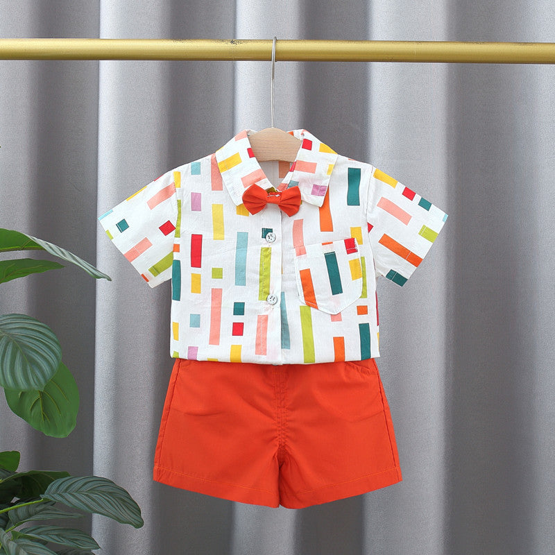 Summer Baby Kids Boys Colorful Striped Pattern Turn-Down Collar Short Sleeves Shirt And Orange Shorts English Clothing Set-2