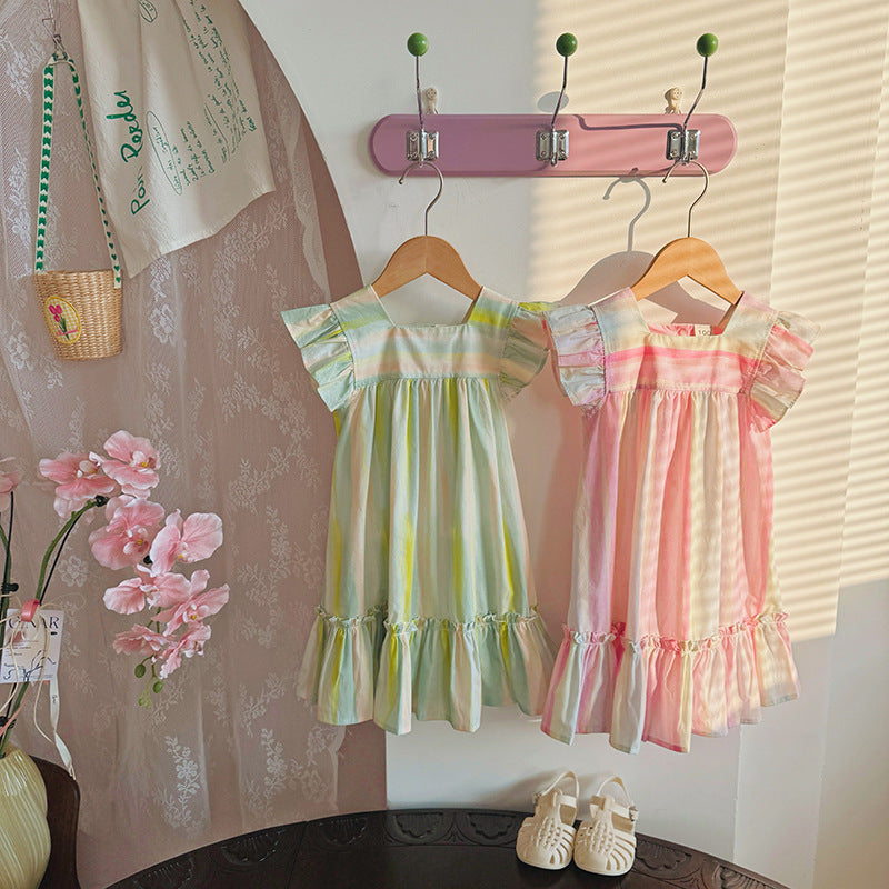 Summer Arrival Baby Kids Girls Fly Sleeves Striped Pattern Dress-3