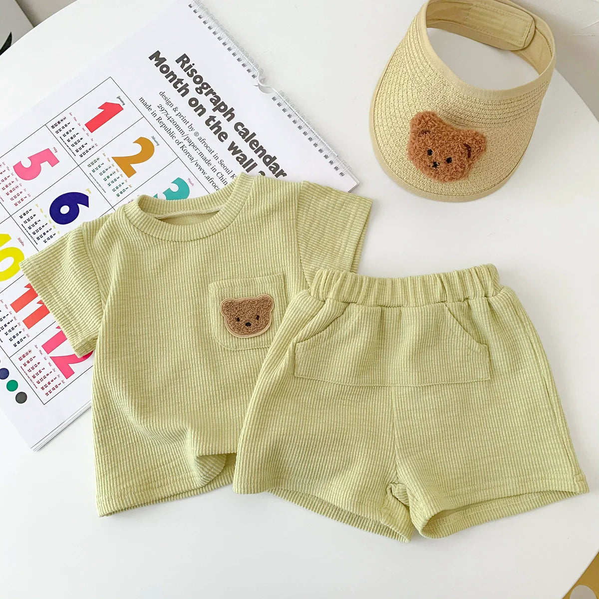 Summer Hot Selling Baby Kids Unisex Short Sleeves Crew Neck Top Shirt with Teddy Pattern and Shorts Clothing Set-2