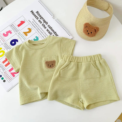 Summer Hot Selling Baby Kids Unisex Short Sleeves Crew Neck Top Shirt with Teddy Pattern and Shorts Clothing Set-2