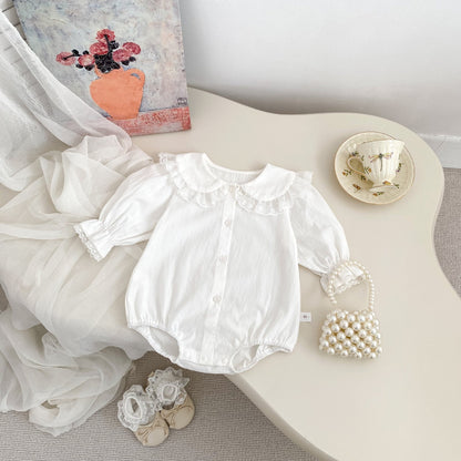 Spring Arrival Baby Girls Long Sleeves Floral Embroidered Lace Trim Collar Onesies Bodysuits-4