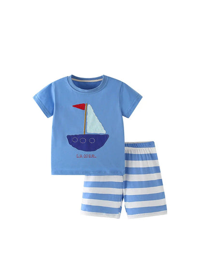 Summer Baby Kids Geometric Boat Pattern T-shirt and Shorts Clothing Set for Boys-4