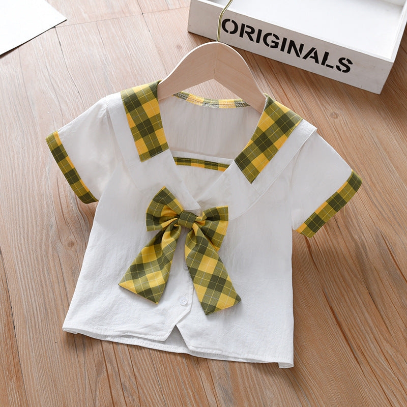 Summer New Design Baby Kids Girls Geometric Argyle Pattern Square Neck Short Sleeves Preppy Tops-2