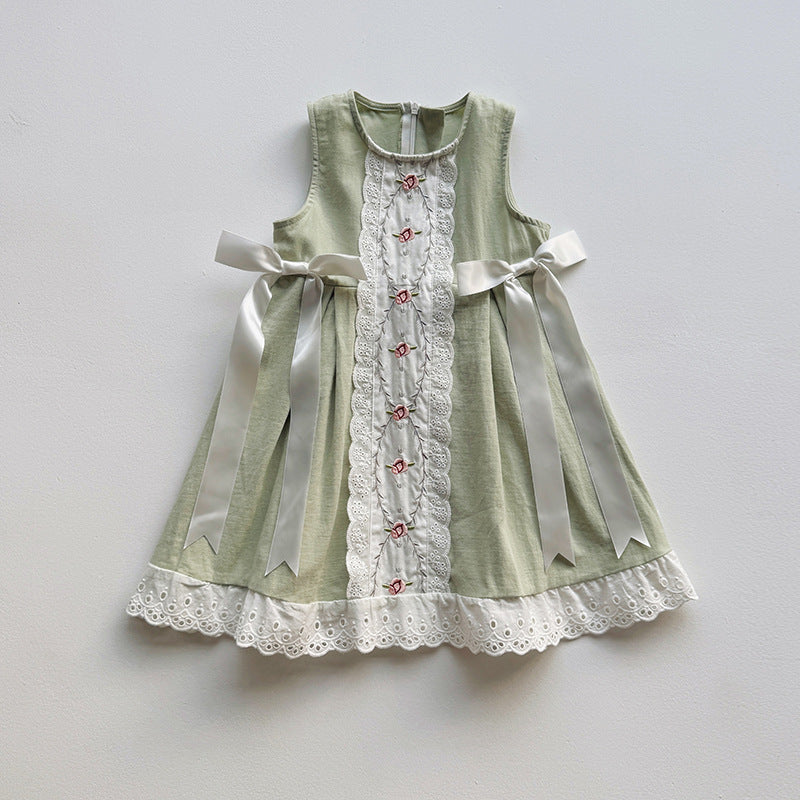 Summer Arrival Baby Kids Girls Vintage Lace Sleeveless Flowers Pattern Dress-3