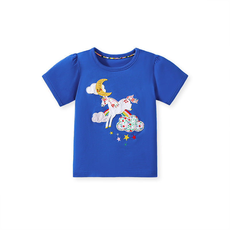 Kids’ Unicorn Cartoon Pattern Short Sleeves T-shirt in European and American Style for Summer-4