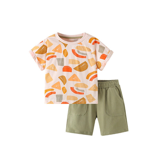 Summer Baby Kids Geometric Pattern T-shirt and Shorts Clothing Set for Boys-0