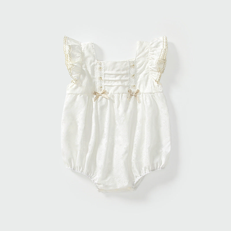 Summer Arrival Baby Girls Fly Sleeves Simple Lace Pattern Onesies-0